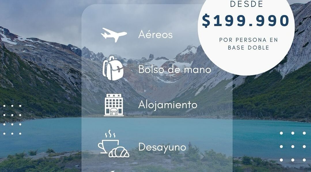 Oferta de viaje, Ushuaia, Tierra del Fuego, Glaciares, Naturaleza, Aventura, Descuento, Viaje económico, Reserva turística, Actividades al aire libre.