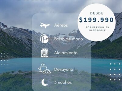 Oferta de viaje, Ushuaia, Tierra del Fuego, Glaciares, Naturaleza, Aventura, Descuento, Viaje económico, Reserva turística, Actividades al aire libre.